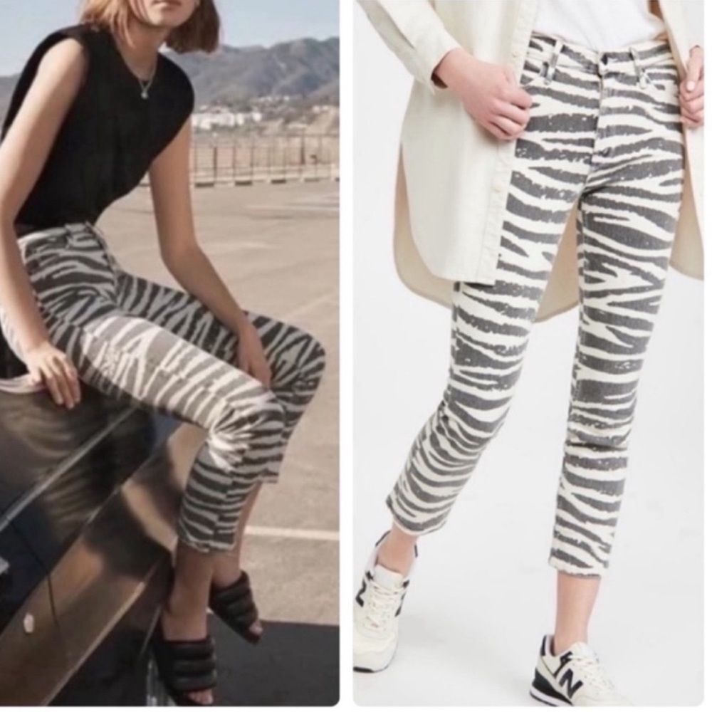 MOTHER Zebra-Stripe Ankle Crop Jeans in White and Gray